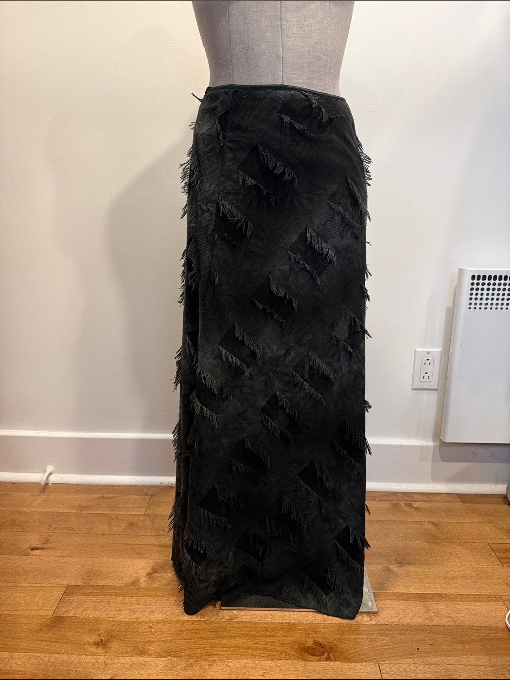 Tribal Black Textured Fringe Maxi Skirt Small Boho Gothic